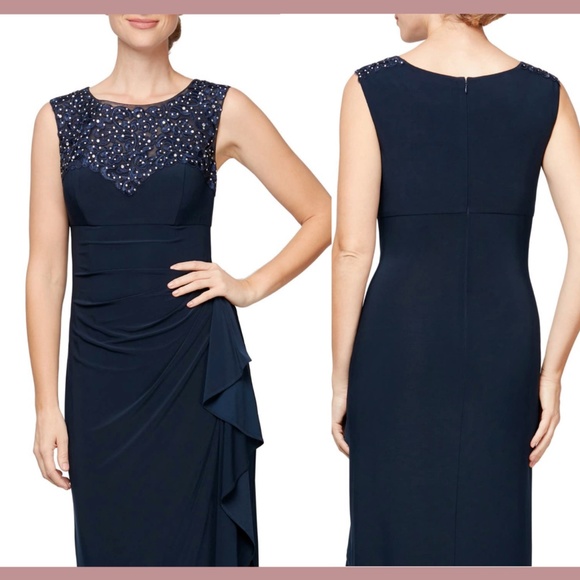NEW‎ Alex Evenings [ 16 ] Embroidered Side Ruched Gown in Navy Blue - Picture 2 of 12